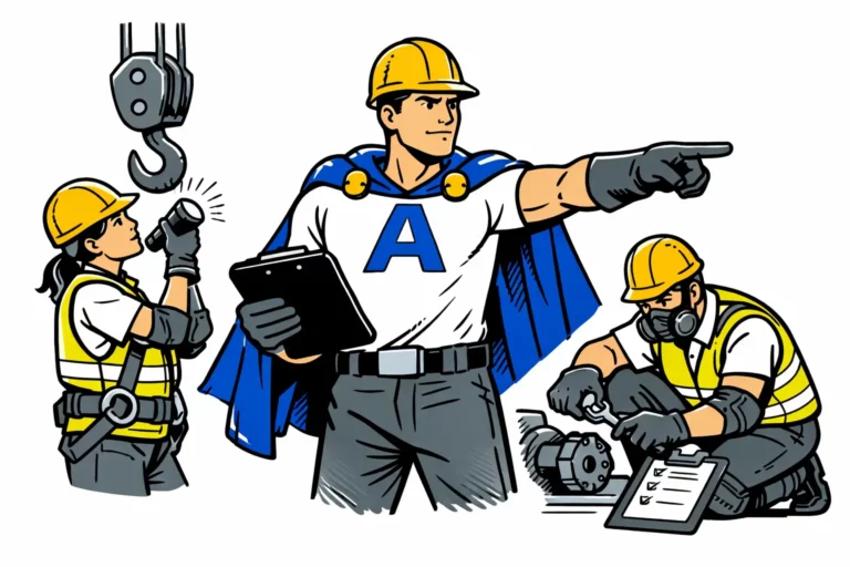 Comic-style illustration of three safety professionals responding to a Berufsgenossenschaft deficiency notice, reviewing documents and equipment on a worksite with a crane hook overhead.